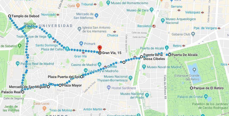 Mapa de la ruta del primer día del Madrid en 3 días