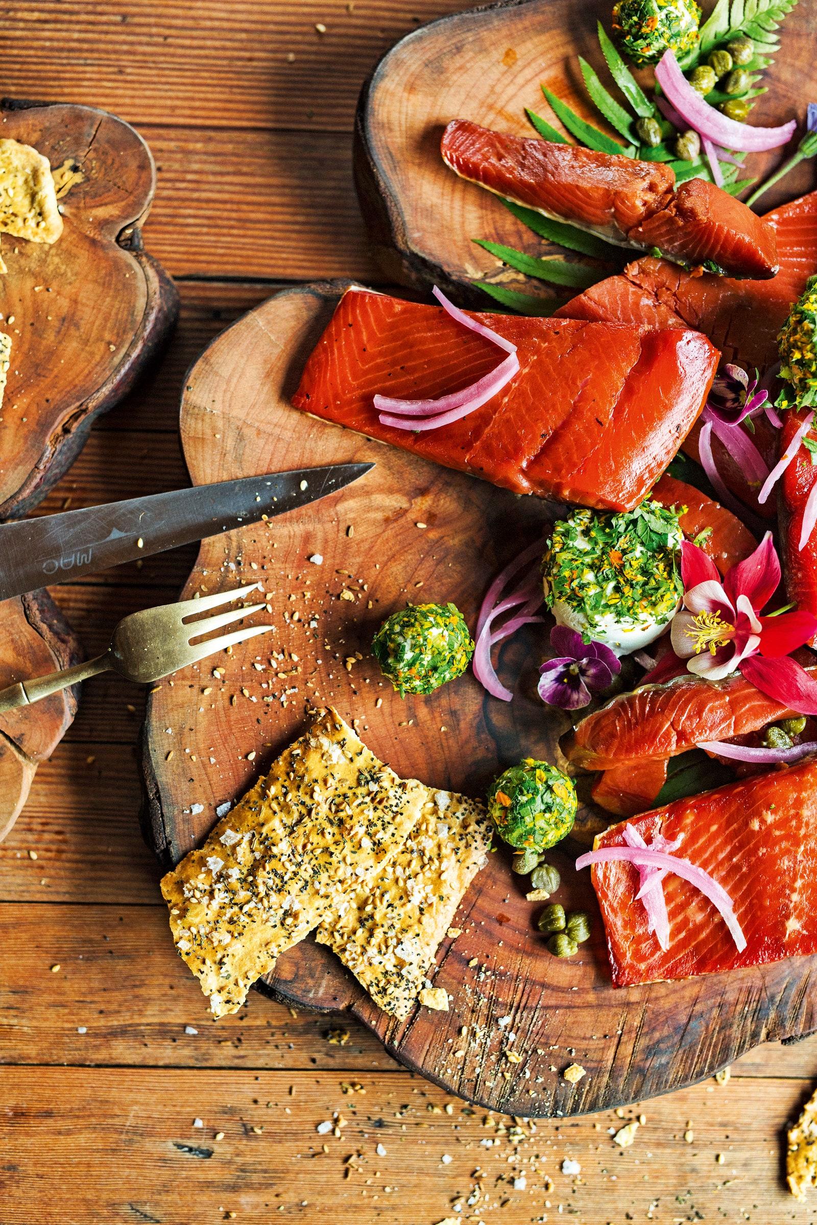 A smoked salmon board at Nimmo Bay